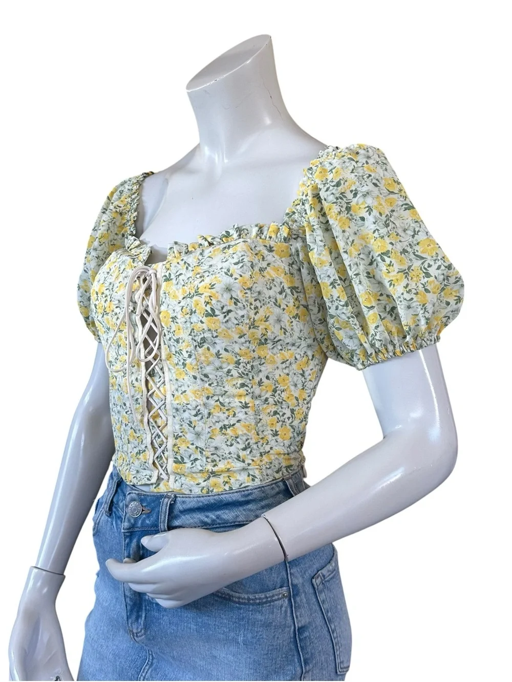 ASTR Yellow & Green Floral Puff Sleeve Milkmaid Lace Up Front Blouse Size XS